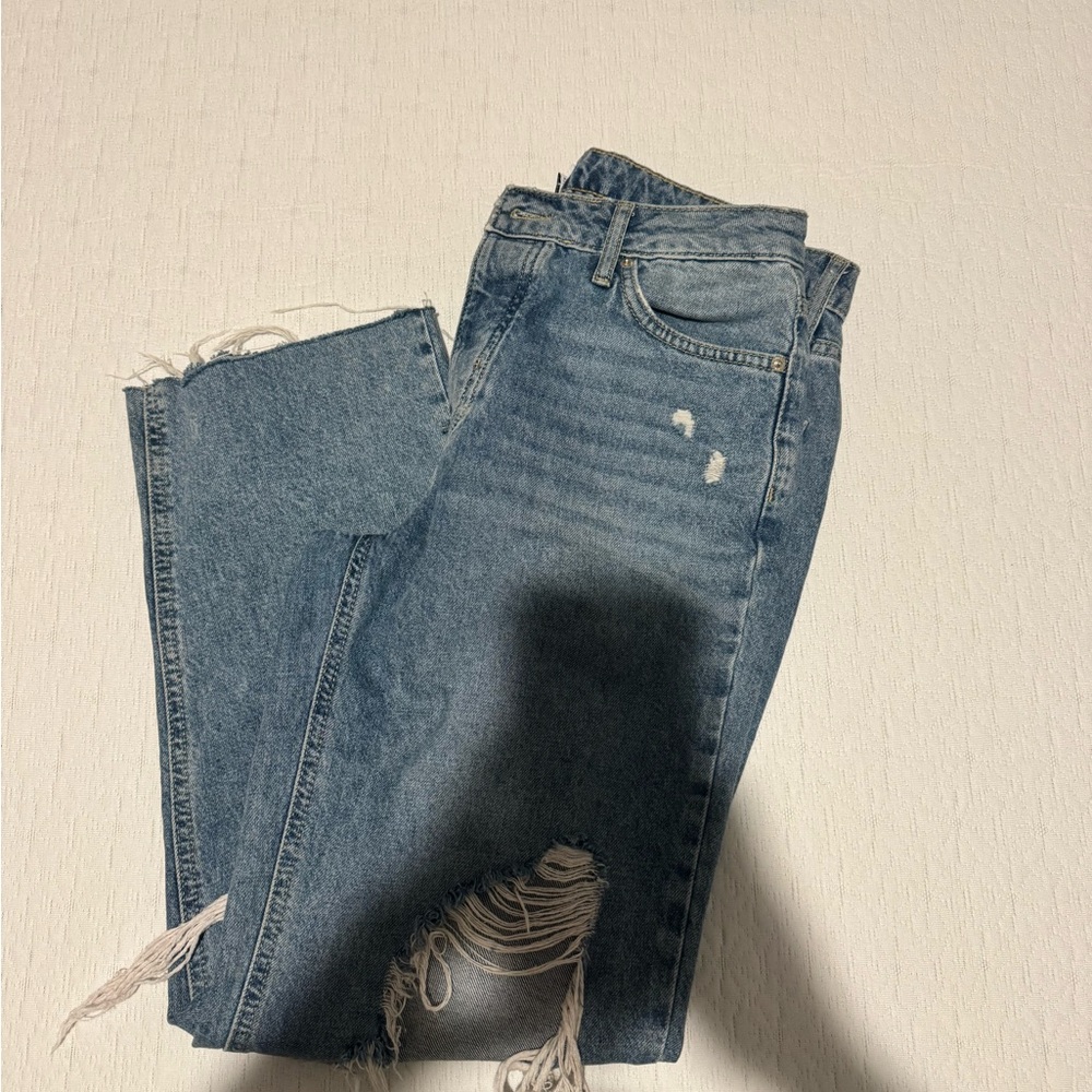 Forever 21 Medium Blue Straight-Leg Distressed Jeans